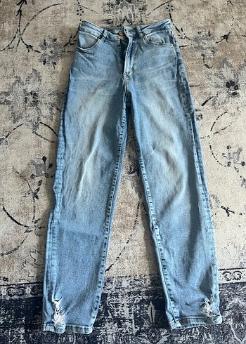 Düğmeli Kadın Mavi Denim Jean - Görsel 6