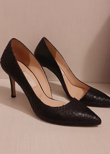 Siyah Deri Yılan Desenli Stiletto - Görsel 3