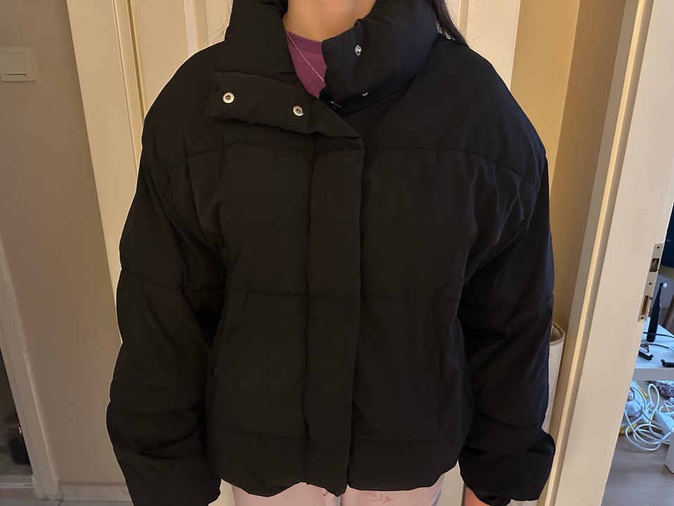 Düğmeli Siyah Kadın Şişme Mont - Görsel 2