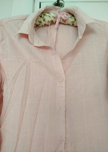 Uzun Kollu Pudra Pembe Keten Gömlek - Görsel 3