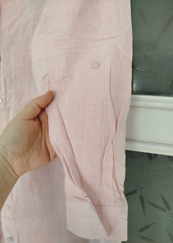 Uzun Kollu Pudra Pembe Keten Gömlek - Görsel 4