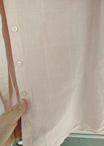 Uzun Kollu Pudra Pembe Keten Gömlek - Görsel 2