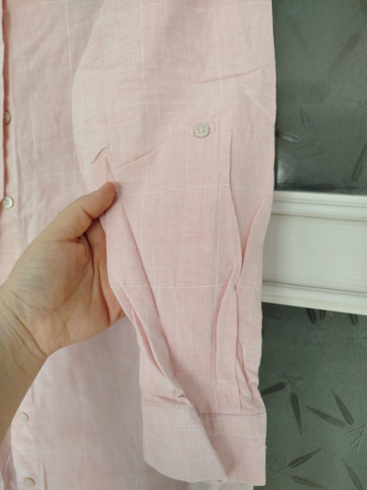 Uzun Kollu Pudra Pembe Keten Gömlek - Görsel 4