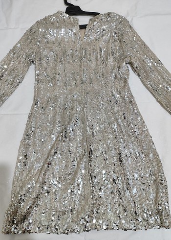 Payet İşlemeli Midi Bej Elbise - Görsel 3