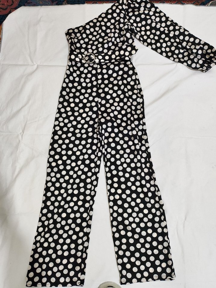 Kadın Siyah Beyaz Puantiyeli Tek Kollu Tulum,saten - Görsel 3