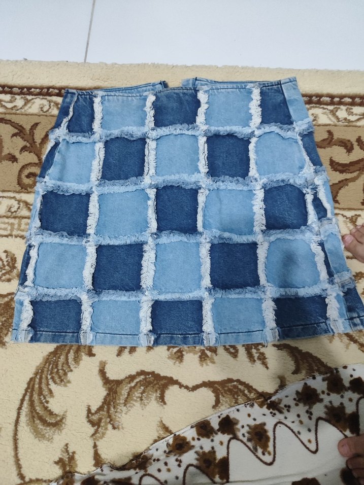 Düğmeli Kareli Mini Kot Etek - Görsel 2