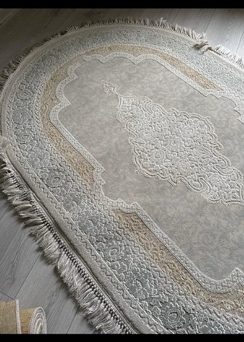 Gri Beyaz Nakışlı Oval Halı - Görsel 2