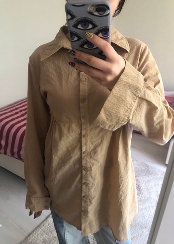 Bej Keten Düğmeli Kadın Gömlek - Görsel 3