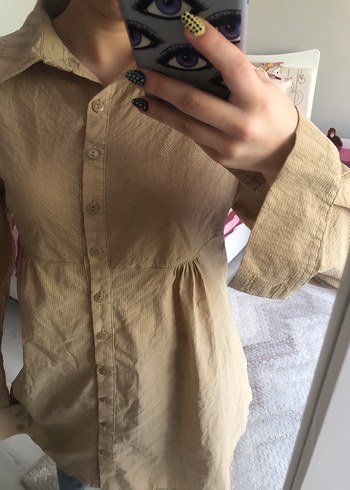 Bej Keten Düğmeli Kadın Gömlek - Görsel 2