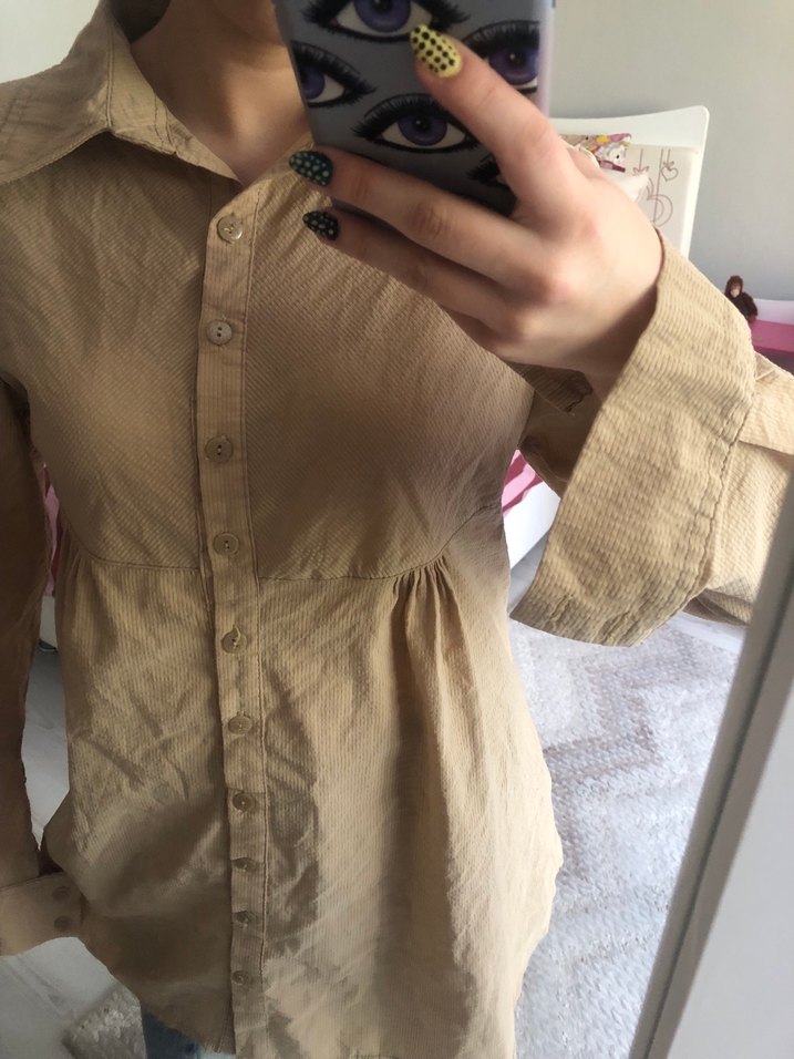 Bej Keten Düğmeli Kadın Gömlek - Görsel 2