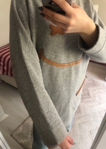 Gri Kadın Sweatshirt, Uzun Kollu, Fermuarlı - Görsel 2