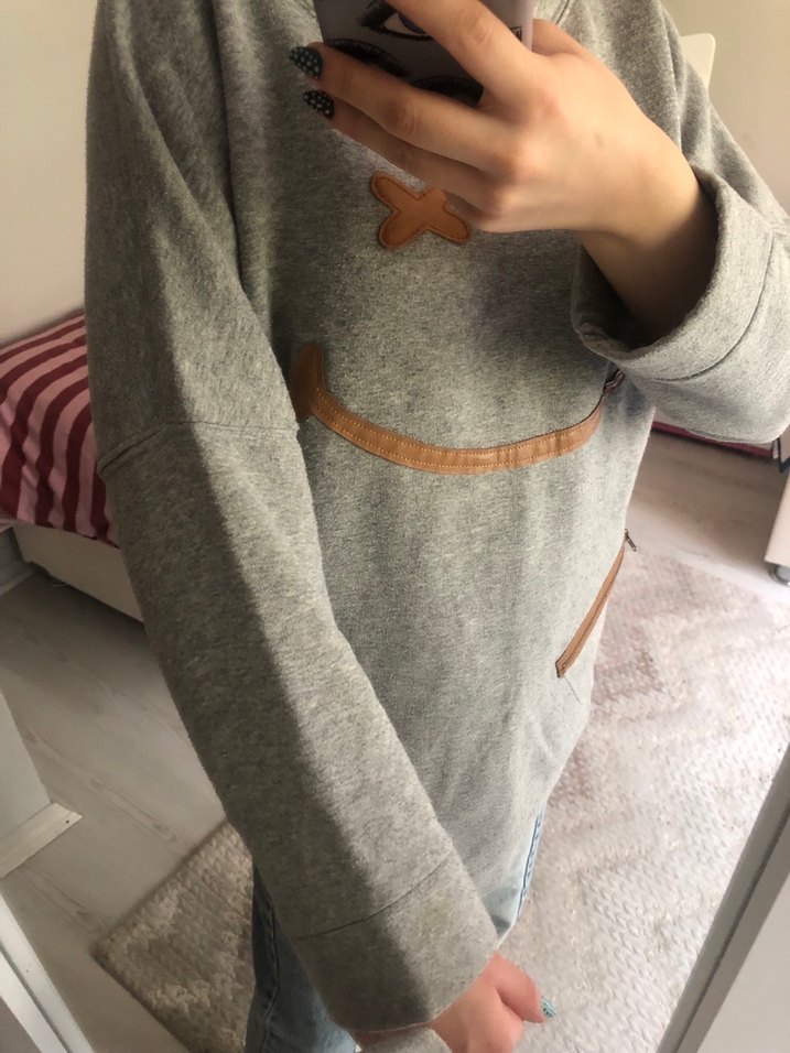 Gri Kadın Sweatshirt, Uzun Kollu, Fermuarlı - Görsel 2