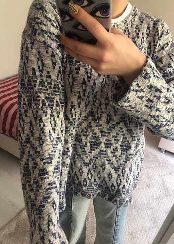 Mavi Desenli Örgü Kadın Kazak - Görsel 2