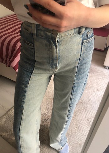 Kadın bol paça pantolon çift renkli Midi Kot Pantolon - Görsel 2