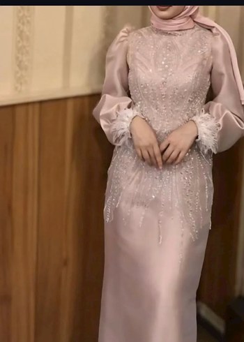 Abiye Toz pembe taş işlemeli Uzun kollu abiye