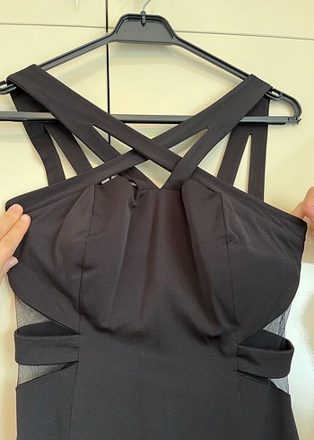 xs Beden siyah Renk Siyah Uzun Drapeli Strappy Abiye Elbise