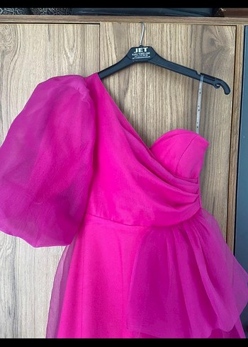 Pembe Uzun Drapeli Straplez Kadın Abiye Keikei - Görsel 3