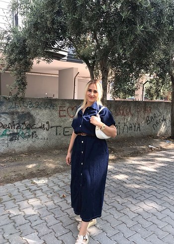 m Beden lacivert Renk Kadın Lacivert Kemerli Uzun Kot Elbise