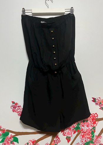 Kadın Siyah Pamuklu Straplez Tulum - Görsel 2