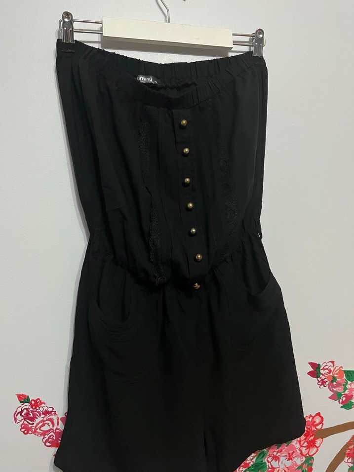 Kadın Siyah Pamuklu Straplez Tulum - Görsel 3