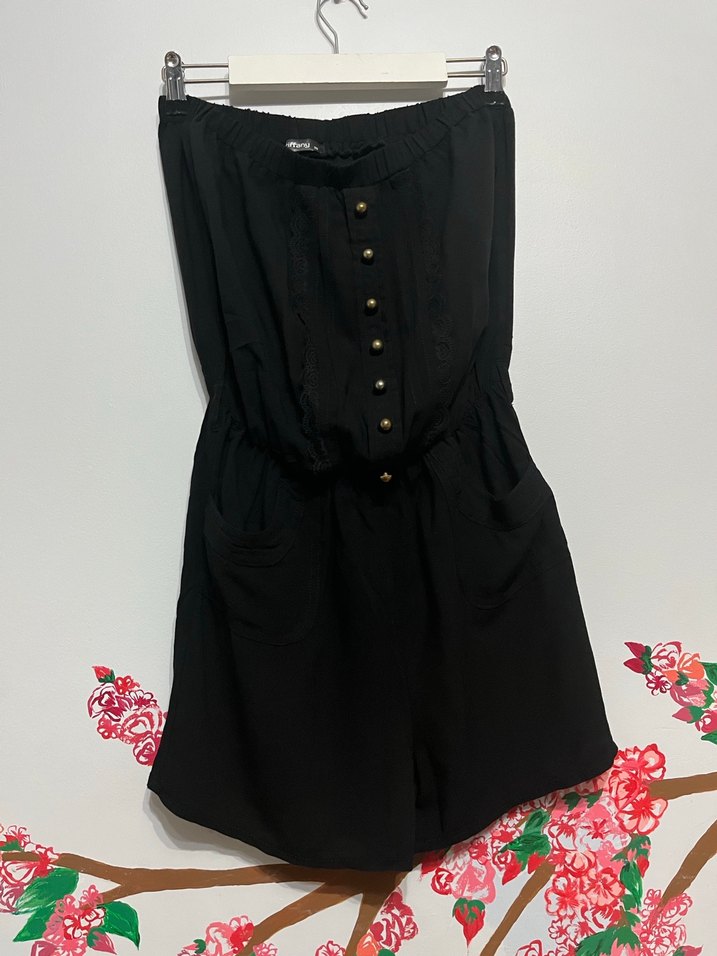 Kadın Siyah Pamuklu Straplez Tulum - Görsel 2