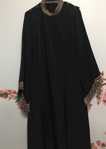 48 Beden Leopar Detaylı Siyah Uzun Bohem Elbise