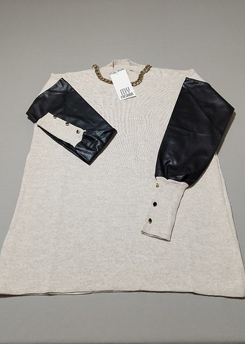 Düğmeli Deri Detaylı Gri Kadın Kazak - Görsel 3