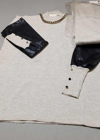 Düğmeli Deri Detaylı Gri Kadın Kazak - Görsel 7