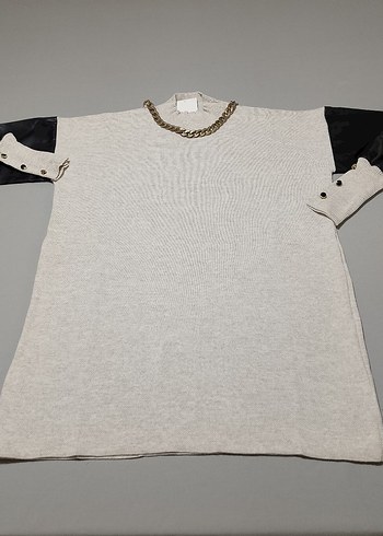 Düğmeli Deri Detaylı Gri Kadın Kazak - Görsel 2