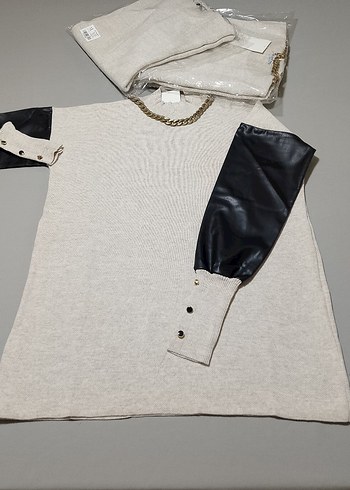 Düğmeli Deri Detaylı Gri Kadın Kazak - Görsel 6