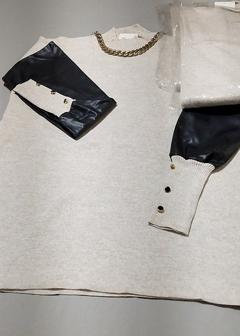 Düğmeli Deri Detaylı Gri Kadın Kazak - Görsel 8