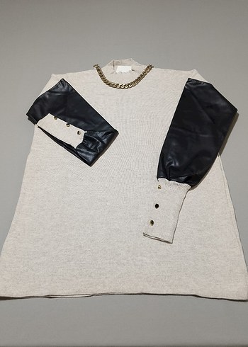 Düğmeli Deri Detaylı Gri Kadın Kazak - Görsel 5