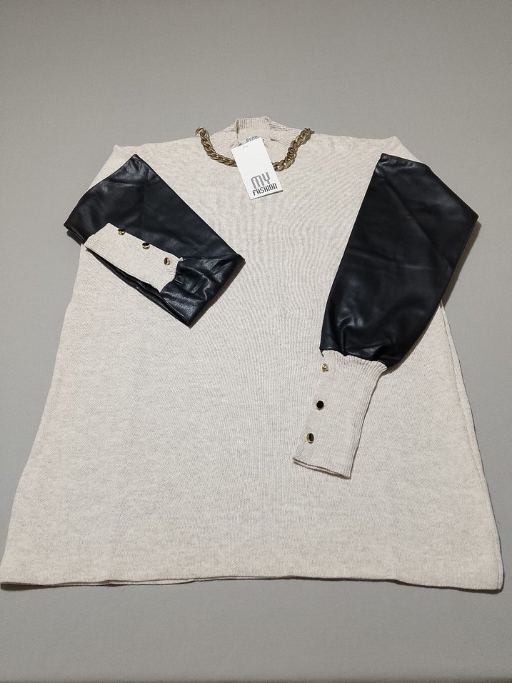 Düğmeli Deri Detaylı Gri Kadın Kazak - Görsel 3