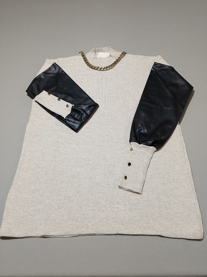 Düğmeli Deri Detaylı Gri Kadın Kazak - Görsel 5