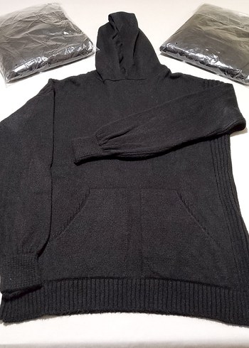 Kadın Siyah Kapşonlu Triko Kazak - Görsel 4