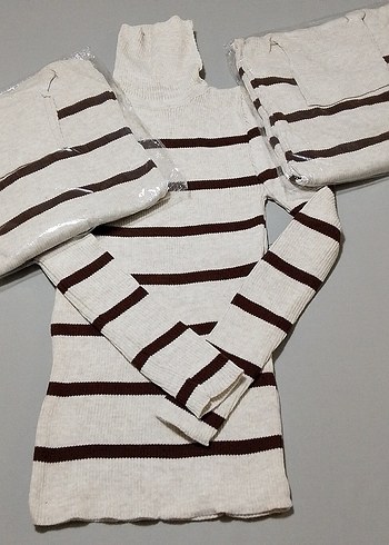 Bej Çizgili Boğazlı Triko Kadın Kazak - Görsel 2