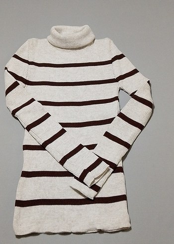 Bej Çizgili Boğazlı Triko Kadın Kazak - Görsel 5