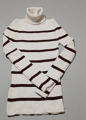 Bej Çizgili Boğazlı Triko Kadın Kazak - Görsel 4