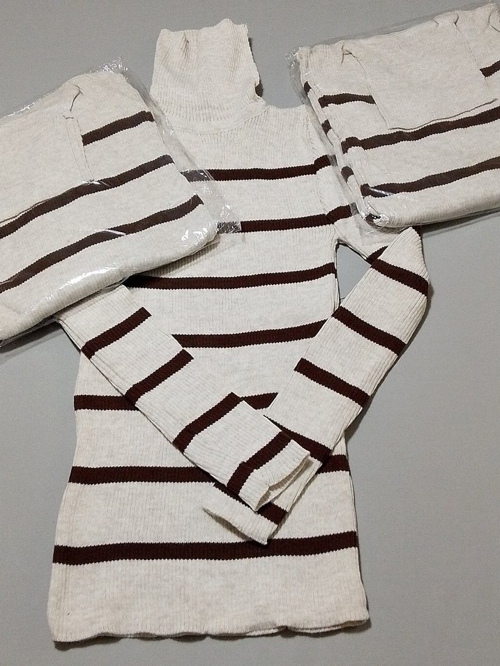 Bej Çizgili Boğazlı Triko Kadın Kazak - Görsel 2