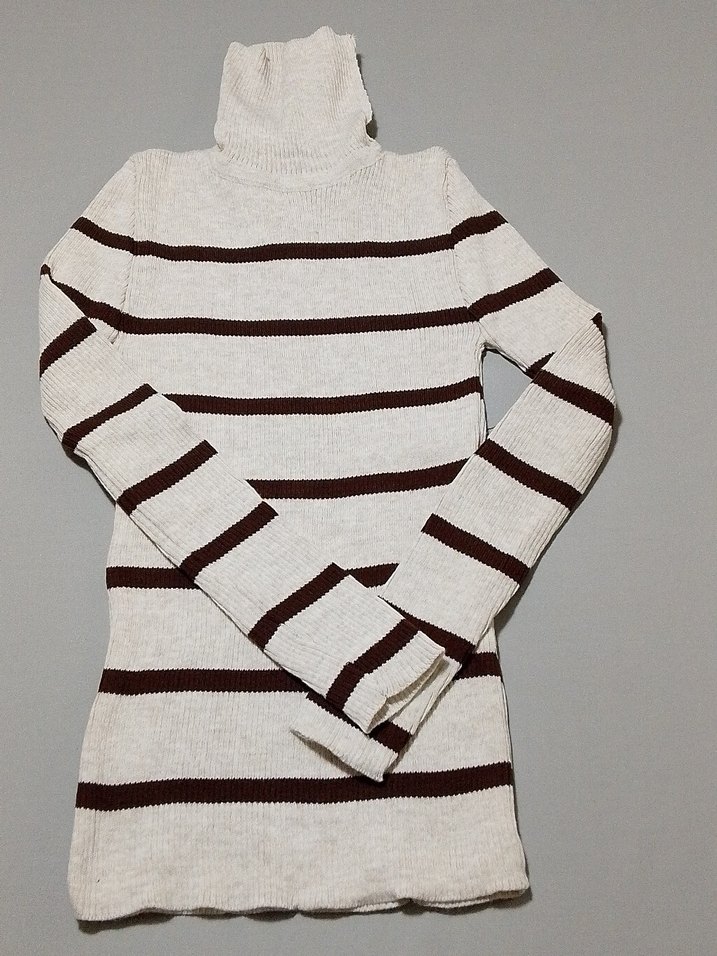 Bej Çizgili Boğazlı Triko Kadın Kazak - Görsel 3