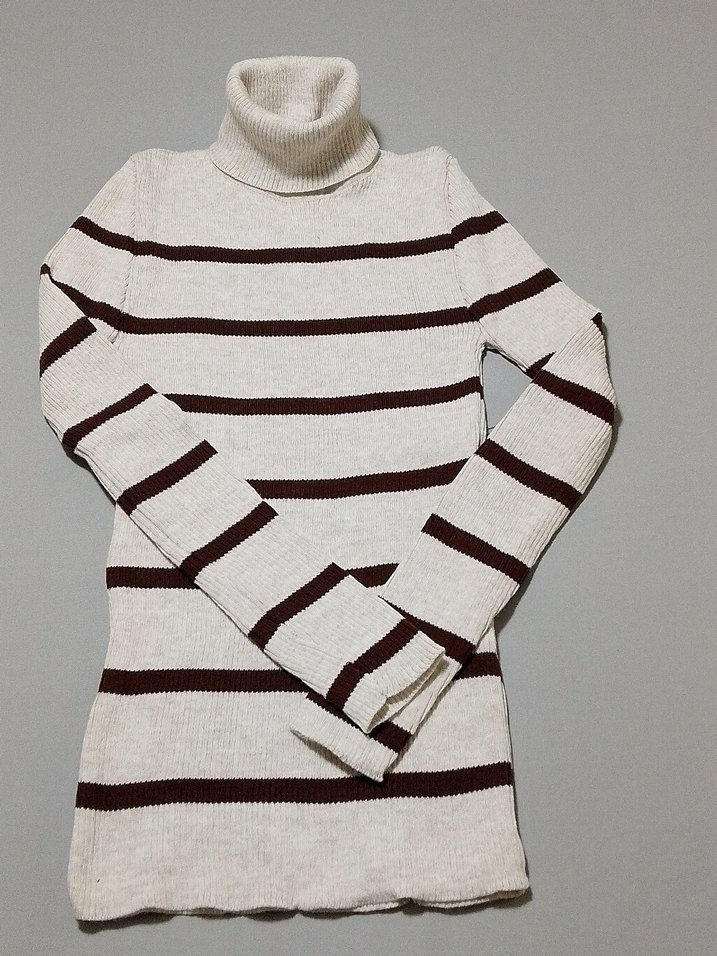 Bej Çizgili Boğazlı Triko Kadın Kazak - Görsel 4