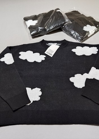 Siyah Bulut Desenli Uzun Kollu Triko Kazak - Görsel 4