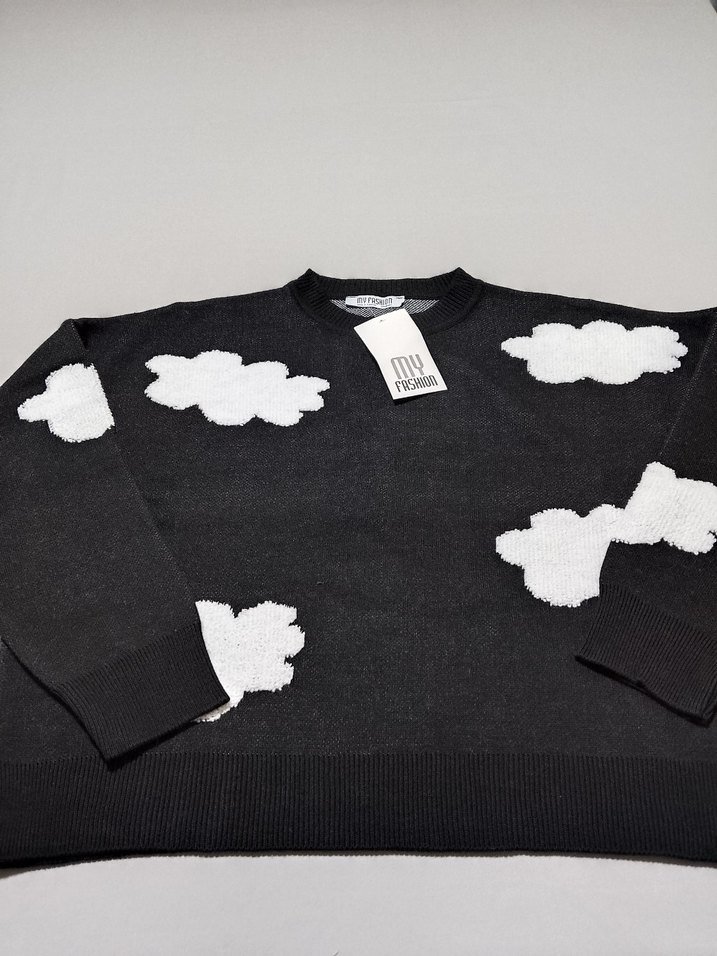 Siyah Bulut Desenli Uzun Kollu Triko Kazak - Görsel 3