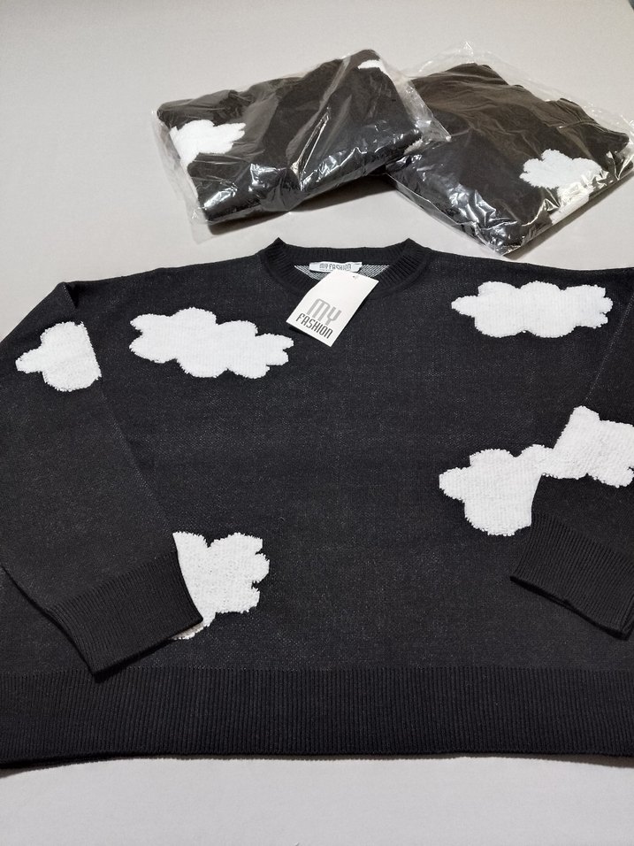 Siyah Bulut Desenli Uzun Kollu Triko Kazak - Görsel 4