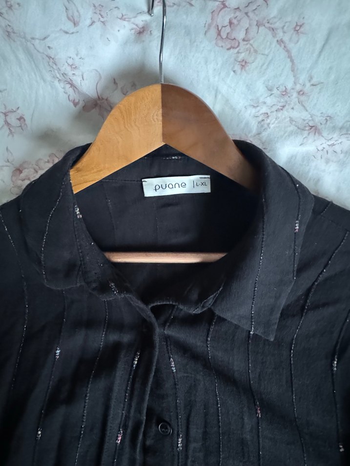 Siyah Keten Kadın Gömlek - Görsel 4