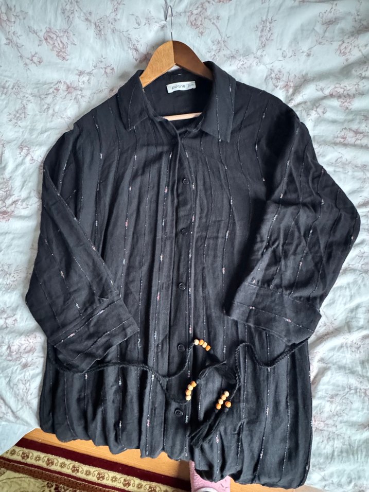 Siyah Keten Kadın Gömlek - Görsel 3