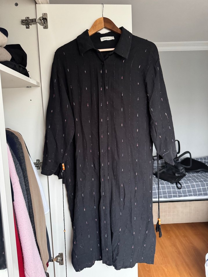 Siyah Keten Kadın Gömlek - Görsel 5