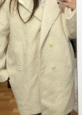 Düğmeli Beyaz Buklet Midi Kadın Kaban Koton - Görsel 6