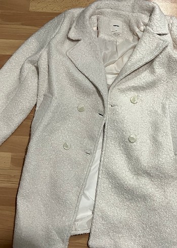 Düğmeli Beyaz Buklet Midi Kadın Kaban Koton - Görsel 2