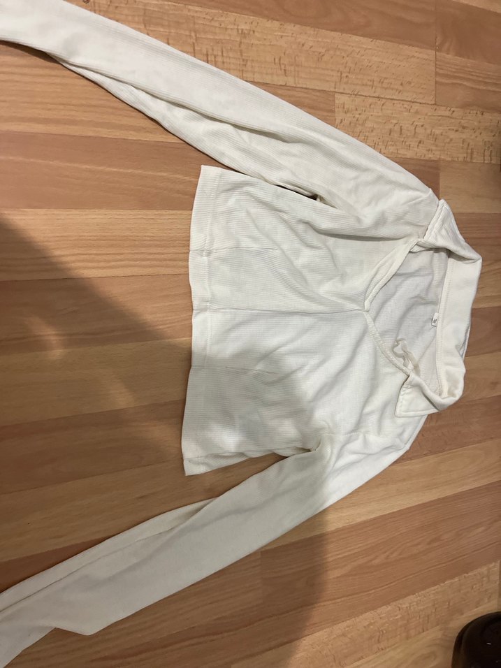 Bej Polo Yakalı Uzun Kollu Kadın Crop Body Bluz - Görsel 2